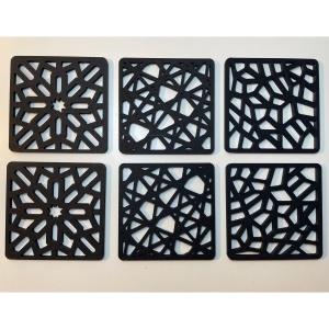 Set 6 suporturi / coastere pahare, dimensiune 9 X 9 cm, negru, cutie inclusa, imprimate 3D, model 3003