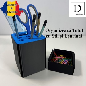 Set organizator de birou multifunctional, Suport 6 instrumente de scris si accesorii (12 X 9 X 9 CM) + Cutiuta suplimentara cu capac (4 X 9 X 9 CM), Albastru/Negru, imprimat 3D din PLA (Bioplastic) - Img 2
