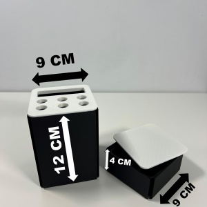 Set organizator de birou multifunctional, Suport 6 instrumente de scris si accesorii (12 X 9 X 9 CM) + Cutiuta suplimentara cu capac (4 X 9 X 9 CM), Alb/Negru, imprimat 3D din PLA (Bioplastic) - Img 5