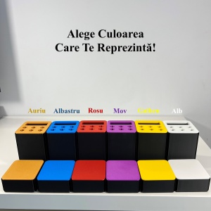 Set organizator de birou multifunctional, Suport 6 instrumente de scris si accesorii (12 X 9 X 9 CM) + Cutiuta suplimentara cu capac (4 X 9 X 9 CM), Rosu/Negru, imprimat 3D din PLA (Bioplastic) - Img 6