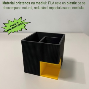 Suport articole birou 2 in 1, Multifunctional, Suport instrumente de scris si accesorii + compartiment inferior fix, Galben/Negru, 8 CM, imprimat 3D din PLA (Bioplastic) - Img 3