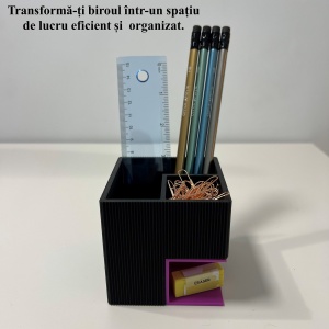 Suport articole birou 2 in 1, Multifunctional, Suport instrumente de scris si accesorii + compartiment inferior fix, Mov/Negru, 8 CM, imprimat 3D din PLA (Bioplastic) - Img 4