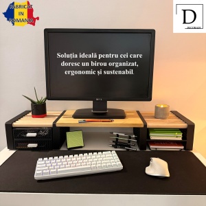Suport monitor cu 2 Sertare si Polita suplimentara, 84 X 25 X 13 CM, Picioare printate 3D din PLA (Bioplastic), Negru, Panou din lemn natural - Img 2