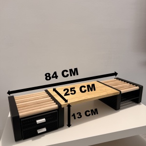 Suport monitor cu 2 Sertare si Polita suplimentara, 84 X 25 X 13 CM, Picioare printate 3D din PLA (Bioplastic), Negru, Panou din lemn natural - Img 6