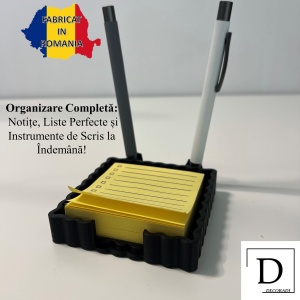 Suport pentru notite de birou cu spatiu dedicat pentru pixuri + sablon pentru liste personalizate, Negru, 9.5 cm, imprimat 3D din PLA (Bioplastic) - Img 2
