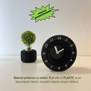 Ceas de birou - Mecanism SILENTIOS – DECORADI®, Eco-friendly, Afisare cu cifre arabe, Design Modern, Negru, Diametru 12 cm – Cadou sau Ceas de camera decorativ cu design modern, Printat 3D din PLA ECO(plastic biodegradabil) - Img 3