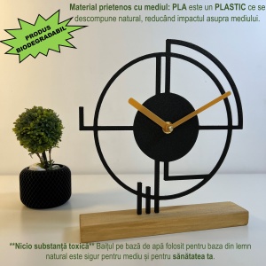 Ceas de birou - Mecanism SILENTIOS – DECORADI®, Eco-friendly, Baza din Lemn Natural, Design Abstract, Negru 22 cm – Cadou sau Ceas de camera decorativ cu design modern, Printat 3D din PLA ECO(plastic biodegradabil) - Img 3