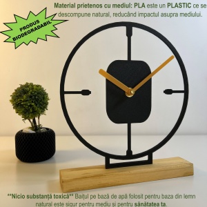 Ceas de birou - Mecanism SILENTIOS – DECORADI®, Eco-friendly, Baza din Lemn Natural, Design Abstract, Negru 23cm – Cadou sau Ceas de camera decorativ cu design modern, Printat 3D din PLA ECO (plastic biodegradabil) - Img 3
