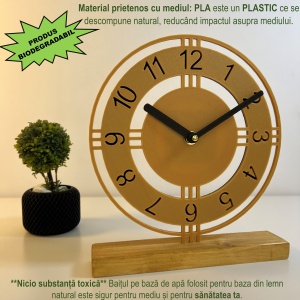 Ceas de birou - Mecanism SILENTIOS – DECORADI®, Eco-friendly, Baza din Lemn Natural, Afisare cu cifre arabe, Design Abstract, Auriu 22.5cm – Cadou sau Ceas de camera decorativ cu design modern, Printat 3D din PLA ECO (plastic biodegradabil) - Img 3