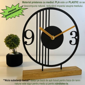 Ceas de birou - Mecanism SILENTIOS – DECORADI®, Eco-friendly, Baza din Lemn Natural, Design Abstract, Negru 23cm – Cadou sau Ceas de camera decorativ cu design modern, Printat 3D din PLA ECO(plastic biodegradabil) - Img 3