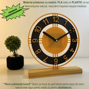 Ceas de birou - Mecanism SILENTIOS – DECORADI®, Eco-friendly, Baza din Lemn Natural, Afisare cu cifre arabe, Design Abstract, Auriu / Negru 22 cm – Cadou sau Ceas de camera decorativ cu design modern, Printat 3D din PLA(plastic biodegradabil) - Img 3
