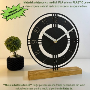 Ceas de birou - Mecanism SILENTIOS – DECORADI®, Eco-friendly, Baza din Lemn Natural, Afisare cu cifre arabe, Design Abstract, Negru 22.5 cm – Cadou sau Ceas de camera decorativ cu design modern, Printat 3D din PLA (plastic biodegradabil) - Img 3