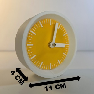 Ceas de birou - Mecanism SILENTIOS – DECORADI®, Eco-friendly, Design Modern, Colectie Kaleia, Alb / Galben, Diametru 11cm – Cadou sau Ceas de camera decorativ cu design modern, Printat 3D din PLA ECO (plastic biodegradabil) - Img 6
