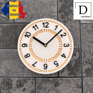 Ceas decorativ de perete, Mecanism SILENTIOS, DECORADI®, Diametru 21 cm, Afisare cu cifre arabe, Cadran din LEMN NATURAL, Eco-friendly, Design Modern, Alb, Printat 3D din PLA ECO(plastic biodegradabil) - Img 3