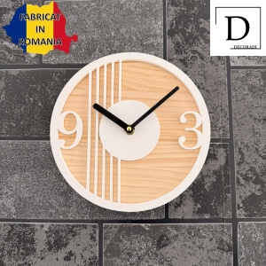 Ceas decorativ de perete, Mecanism SILENTIOS, DECORADI®, Diametru 21 cm, Cadran din LEMN NATURAL, Eco-friendly, Design Modern, Alb, Printat 3D din PLA ECO(plastic biodegradabil) - Img 3