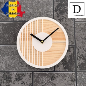 Ceas decorativ de perete, Mecanism SILENTIOS, DECORADI®, Diametru 21 cm, Cadran din LEMN NATURAL, Eco-friendly, Design Modern, Alb, Printat 3D din PLA ECO(plastic biodegradabil) - Img 3