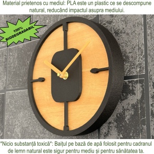 Ceas decorativ de perete, Mecanism SILENTIOS, DECORADI®, Diametru 21 cm, Cadran din LEMN NATURAL, Eco-friendly, Design Modern, Negru, Printat 3D din PLA ECO(plastic biodegradabil) - Img 5