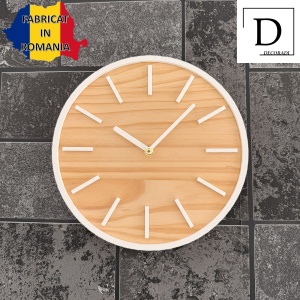 Ceas decorativ de perete, Mecanism SILENTIOS, DECORADI®, Diametru 26 cm, Cadran din LEMN NATURAL, Eco-friendly, Design Modern, Alb, Printat 3D din PLA ECO(plastic biodegradabil) - Img 3
