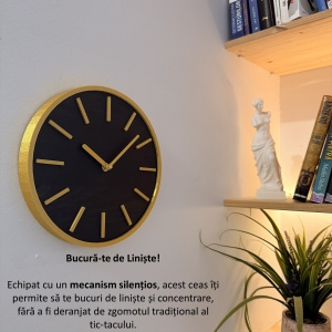 Ceas decorativ de perete, Mecanism SILENTIOS, DECORADI®, Diametru 26 cm, Cadran din LEMN NATURAL, Eco-friendly, Design Modern, Auriu, Printat 3D din PLA ECO(plastic biodegradabil) - Img 3