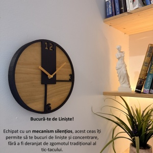 Ceas decorativ de perete, Mecanism SILENTIOS, DECORADI®, Diametru 26 cm, Cadran din LEMN NATURAL, Eco-friendly, Design Modern, Negru, Printat 3D din PLA ECO(plastic biodegradabil) - Img 3