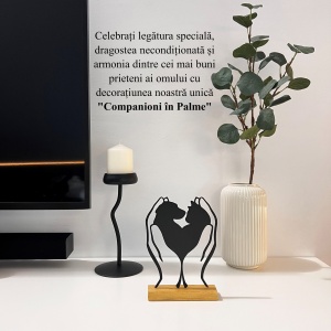 Decoratiune Casa, Caine si Pisica tinute in palme – DECORADI®, Eco-friendly, Baza din Lemn Natural, Design Modern, Negru 20cm – Cadou sau Decoratiune de interior ideala pentru iubitorii de animale, Printat 3D din PLA (plastic biodegradabil) - Img 4