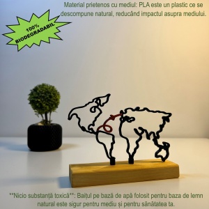 Decoratiune Casa, Harta Lumii – DECORADI®, Eco-friendly, Baza din Lemn Natural, Design Modern, Negru 11.5cm – Cadou sau Decoratiune de interior ideala pentru iubitorii de calatorii, Printat 3D din PLA ECO (plastic biodegradabil) - Img 3