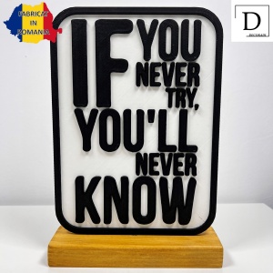 Decoratiune Casa, If you never try, you'll never know – DECORADI®, Eco-friendly, Baza din Lemn Natural, Cadou motivational, Design Abstract, alb/negru 17cm – Decoratiune de interior cu Design Modern, Printat 3D din PLA(plastic biodegradabil) - Img 2