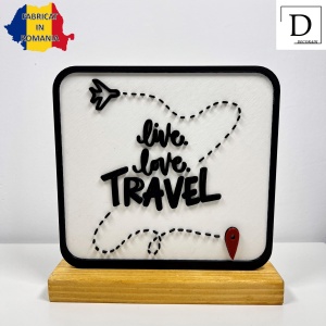 Decoratiune Casa, Live, Love, Travel – DECORADI®, Eco-friendly, Baza din Lemn Natural, Design Modern, alb/negru 15cm – Cadou sau Decoratiune de interior ideala pentru iubitorii de calatorii, Printat 3D din PLA (plastic biodegradabil) - Img 2