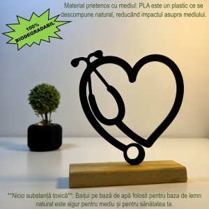 Decoratiune Casa, Stetoscop – DECORADI®, Eco-friendly, Baza din Lemn Natural, Design Modern, Negru 16.5cm – Cadou sau Decoratiune de interior ideala pentru cadrele medicale, Printat 3D din PLA ECO(plastic biodegradabil) - Img 3