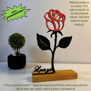 Decoratiune Casa, Trandafir LOVE YOU – DECORADI®, Eco-friendly, Baza din Lemn Natural, Cadoul Perfect pentru persoana IUBITA, Negru / Roz 22cm – Decoratiune de interior cu Design Modern, Printat 3D din PLA (plastic biodegradabil) - Img 3
