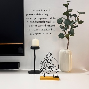 Decoratiune Casa, zodia LEU – DECORADI®, Eco-friendly, Baza din Lemn Natural, Design Abstract, Negru 19.5 cm – Cadou sau Decoratiune de interior cu design modern, Printat 3D din PLA Eco (plastic biodegradabil) - Img 4