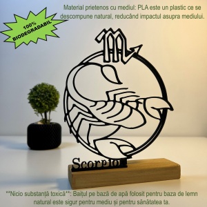 Decoratiune Casa, zodia SCORPION –DECORADI®, Eco-friendly, Baza din Lemn Natural, Design Abstract, Negru 19 cm – Cadou sau Decoratiune de interior cu design modern, Printat 3D din PLA Eco (plastic biodegradabil) - Img 3