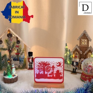 Decorațiune Crăciun, Peisaj de Iarnă – Eco-friendly, Baza din Lemn Natural, Alb/Rosu, 17cm, Handmade, Decor Interior Birou, Sufragerie, Cadou Crăciun, Printat 3D din PLA Eco (plastic biodegradabil), DECORADI® - Img 3