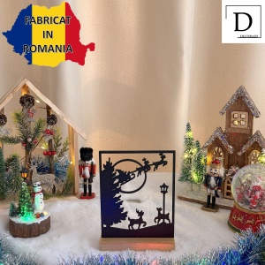 Decorațiune Crăciun Scenă cu Moș Crăciun și Reni – Eco-friendly, Baza din Lemn Natural, Negru 19cm, Handmade, Decor Interior Birou, Sufragerie, Cadou Crăciun, Printat 3D din PLA Eco (plastic biodegradabil), DECORADI® - Img 3