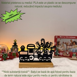 Decorațiune Crăciun, Trenuleț cu Cadouri– Eco-friendly, Baza din Lemn Natural, Negru, 12cm, Handmade, Decor Interior Birou, Sufragerie, Cadou Crăciun, Printat 3D din PLA Eco (plastic biodegradabil), DECORADI® - Img 4