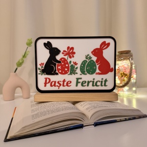 Decoratiune de Paste Fericit, Iepurasi si Oua colorate, Eco-friendly, Baza din Lemn Natural, Multicolor, 16 cm, Handmade, Decor Interior Birou, Sufragerie, Cadou Paste, Printat 3D din PLA Eco (plastic biodegradabil), DECORADI®