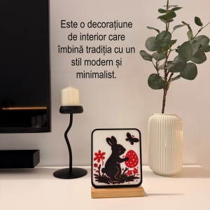 Decoratiune de Paste, Iepuras, Eco-friendly, Baza din Lemn Natural, Multicolor, 19 cm, Handmade, Decor Interior Birou, Sufragerie, Cadou Paste, Printat 3D din PLA Eco (plastic biodegradabil), DECORADI® - Img 4