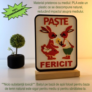 Decoratiune de Paste, Iepurasi, Eco-friendly, Baza din Lemn Natural, Multicolor, 20 cm, Handmade, Decor Interior Birou, Sufragerie, Cadou Paste, Printat 3D din PLA Eco (plastic biodegradabil), DECORADI® - Img 3