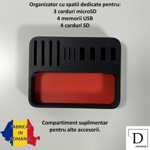 Organizator 4 Memorii USB, 4 Carduri SD, 3 Carduri MicroSD + Minitavita, Multifunctional, Rosu/Negru, 9 X 7 cm, imprimat 3D din PLA (Bioplastic) - Img 2