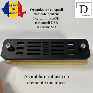 Organizator 6 Memorii USB, 8 Carduri SD, 6 Carduri MicroSD cu baza din lemn natural, Negru, 16 X 4 X 5 cm, imprimat 3D din PLA (Bioplastic) - Img 3