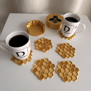Set 6 suporturi / coastere pahare, Albinute, hexagon, diametru 9 cm, Auriu, cutie inclusa, imprimate 3D - Img 5