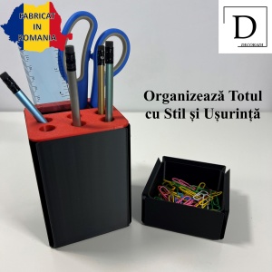 Set organizator de birou multifunctional, Suport 6 instrumente de scris si accesorii (12 X 9 X 9 CM) + Cutiuta suplimentara cu capac (4 X 9 X 9 CM), Rosu/Negru, imprimat 3D din PLA (Bioplastic) - Img 2
