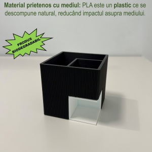 Suport articole birou 2 in 1, Multifunctional, Suport instrumente de scris si accesorii + compartiment inferior fix, Alb/Negru, 8 CM, imprimat 3D din PLA (Bioplastic) - Img 3
