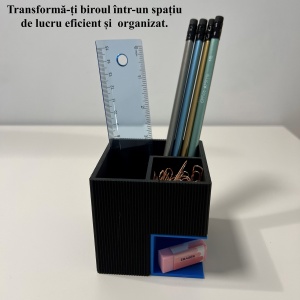 Suport articole birou 2 in 1, Multifunctional, Suport instrumente de scris si accesorii + compartiment inferior fix, Albastru/Negru, 8 CM, imprimat 3D din PLA (Bioplastic) - Img 4