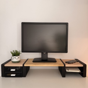 Suport monitor cu 2 Sertare si Polita suplimentara, 84 X 25 X 13 CM, Picioare printate 3D din PLA (Bioplastic), Negru, Panou din lemn natural