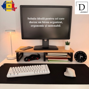 Suport pentru monitor, polita suplimentara, 60 X 20 X 12 CM, Picioare printate 3D din PLA (Bioplastic), Negru, Panou din lemn natural (Fag) - Img 2