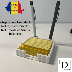 Suport pentru notite de birou cu spatiu dedicat pentru pixuri + sablon pentru liste personalizate, Alb,9.5 cm, imprimat 3D din PLA (Bioplastic) - Img 2