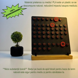 Calendar decorativ birou – Perpetuu, DECORADI®, Eco-friendly, Baza din Lemn Natural, Design Abstract, negru / rosu, 23cm – Cadou sau Decoratiune de interior cu design modern, Printat 3D din PLA ECO (plastic biodegradabil) - Img 3