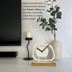 Ceas de birou - Mecanism SILENTIOS – DECORADI®, Eco-friendly, Baza din Lemn Natural, Design Abstract, Alb 21.5cm – Cadou sau Ceas de camera decorativ cu design modern, Printat 3D din PLA ECO (plastic biodegradabil) - Img 5