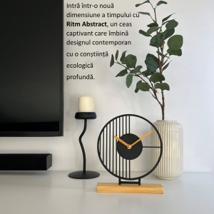 Ceas de birou - Mecanism SILENTIOS – DECORADI®, Eco-friendly, Baza din Lemn Natural, Design Abstract, Negru 22.5cm – Cadou sau Ceas de camera decorativ cu design modern, Printat 3D din PLA ECO (plastic biodegradabil) - Img 5